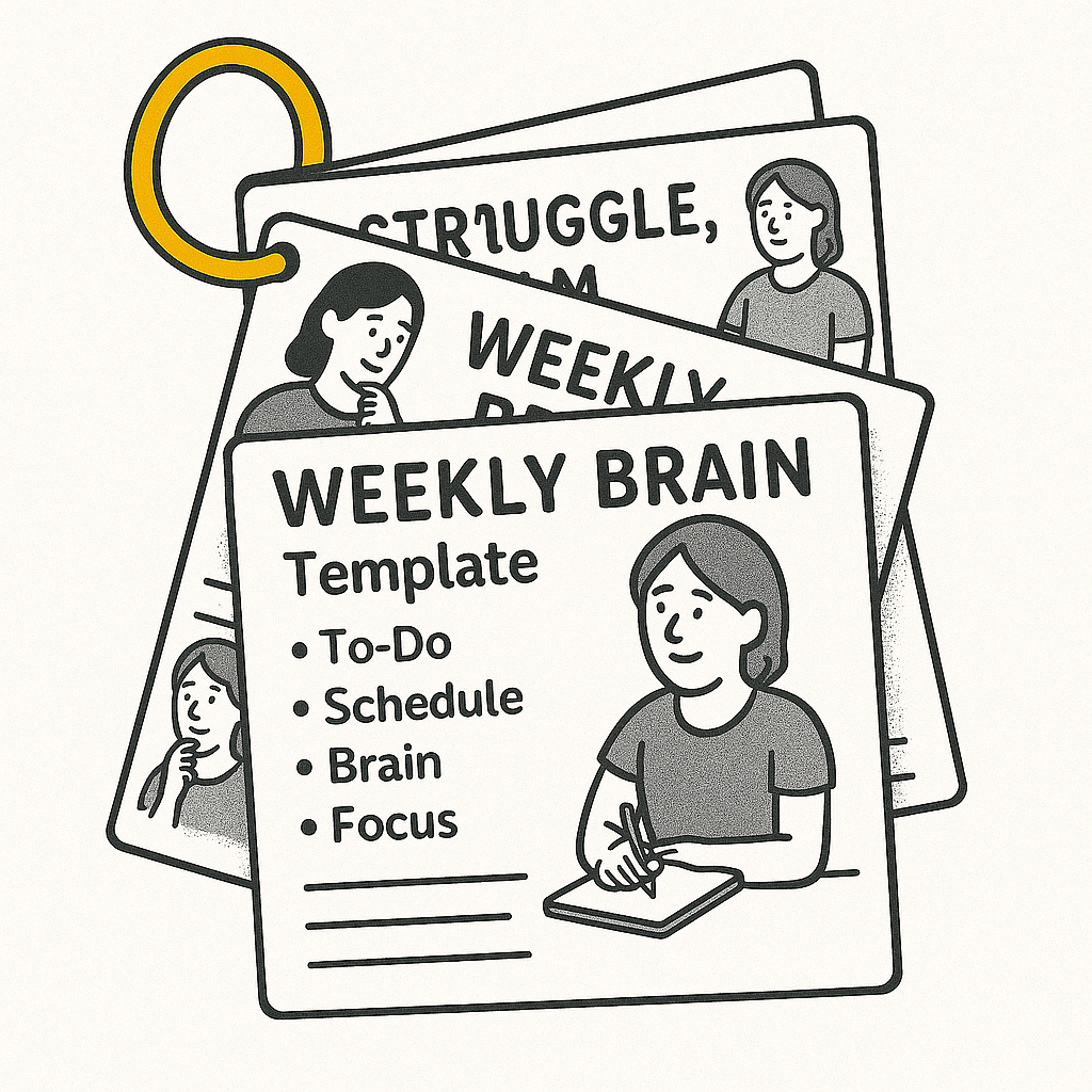 Black-and-white digital sketch of a person using ADHD-friendly printable tools, with a brain and schedule layout visible.