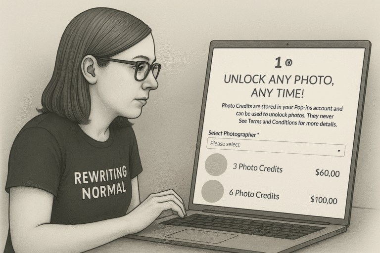 A black-and-white sketch of a woman with glasses and a “Rewriting Normal” T-shirt staring thoughtfully at her laptop. The screen displays Pop-in Portraits photo credit options.