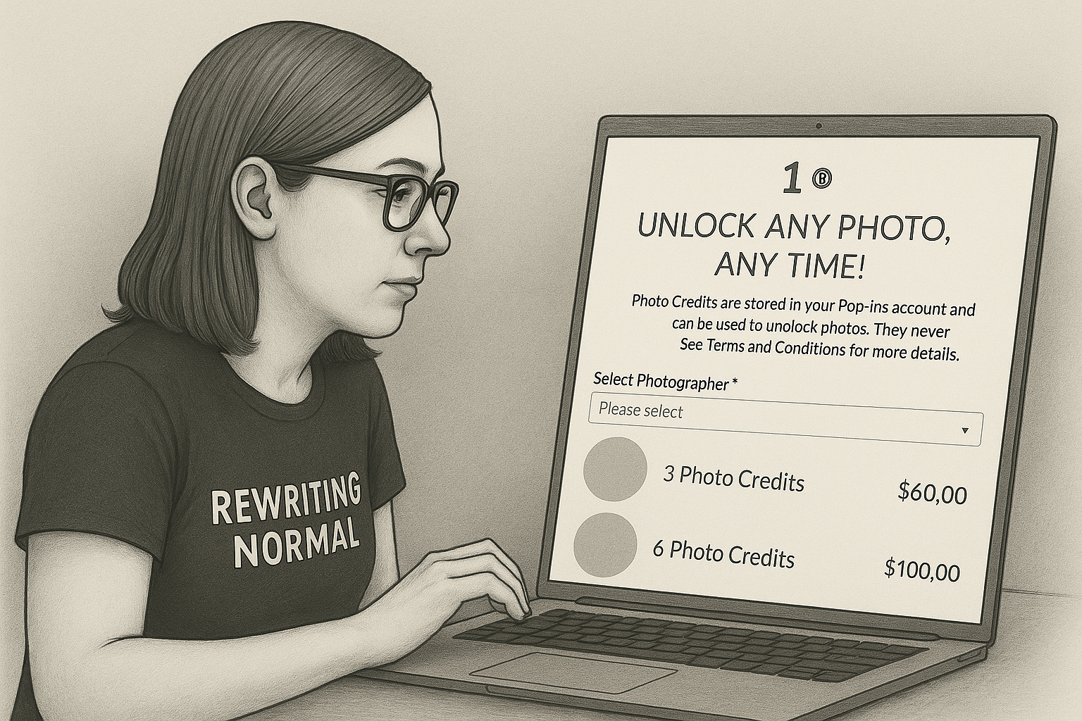 A black-and-white sketch of a woman with glasses and a “Rewriting Normal” T-shirt staring thoughtfully at her laptop. The screen displays Pop-in Portraits photo credit options.