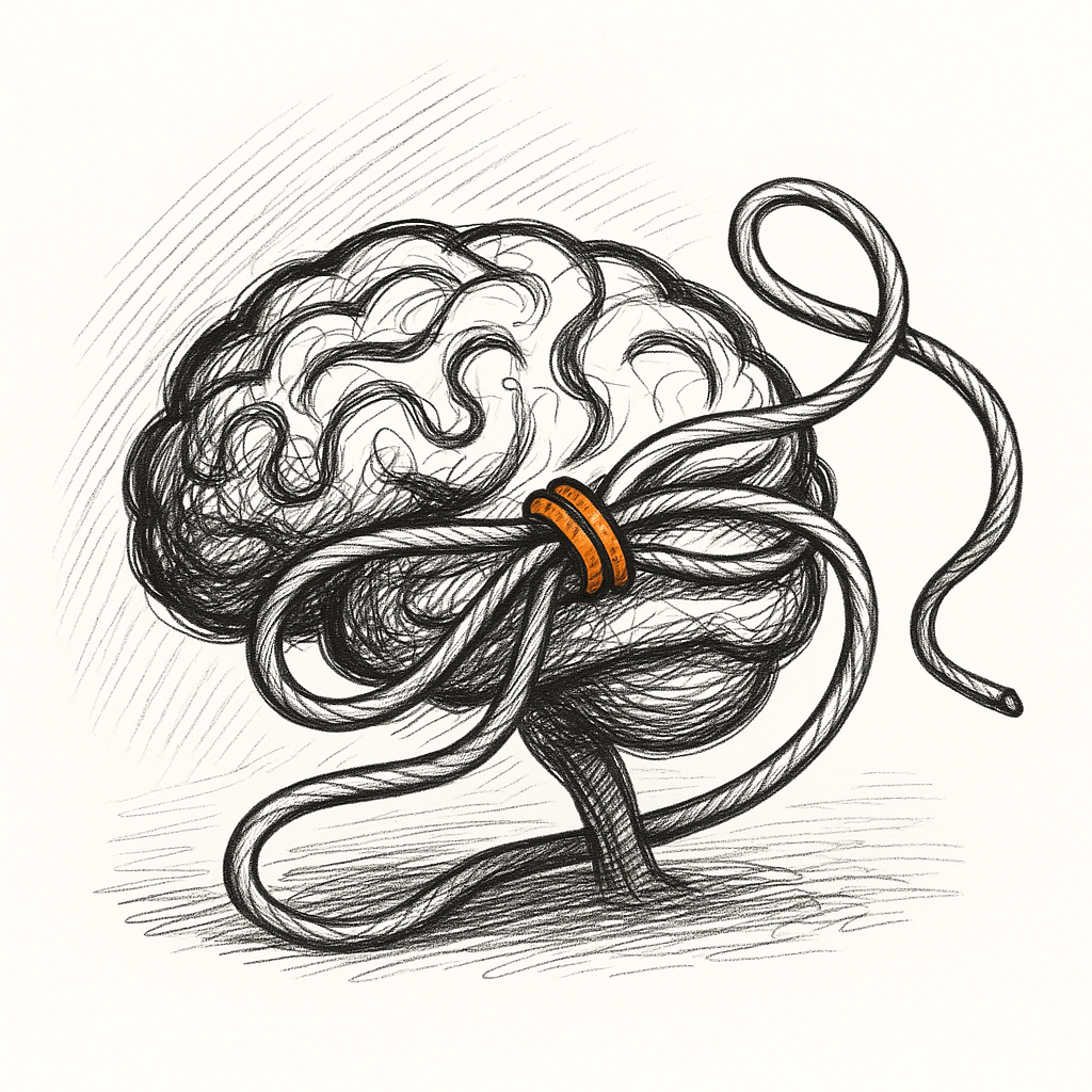 Black-and-white line drawing of tangled brain with No.8 wire wrapped around it, symbolising ADHD and Kiwi culture