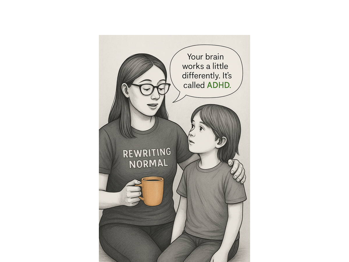 A mother explains ADHD to her child using supportive language and body cues.