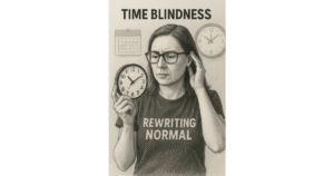 A pencil-style illustration of a woman with glasses staring at a clock, with “Time Blindness” written above her and a faint calendar in the background.