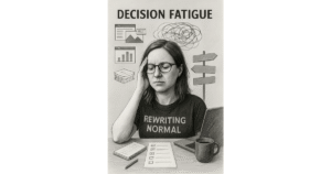 Illustration of a woman overwhelmed by decision fatigue, surrounded by charts, lists, and directional signs—symbolizing ADHD mental overload.