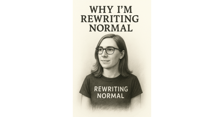 A black-and-white sketch of a woman standing confidently in a shirt that says “Rewriting Normal,” representing life with late-diagnosed ADHD. The blog heading above her reads the same, reflecting her journey of living with late-diagnosed ADHD.