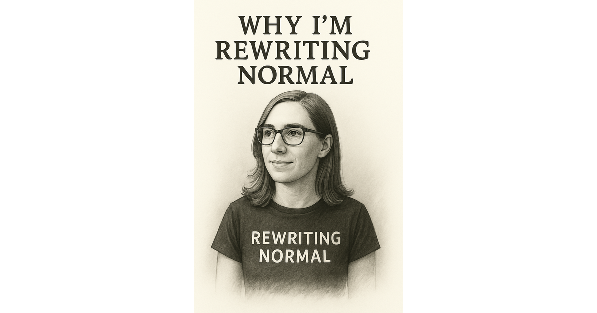 A black-and-white sketch of a woman standing confidently in a shirt that says “Rewriting Normal,” representing life with late-diagnosed ADHD. The blog heading above her reads the same, reflecting her journey of living with late-diagnosed ADHD.
