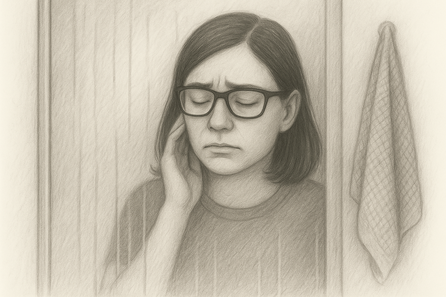 Parent silhouette behind a foggy shower screen — a quiet moment of hidden emotion