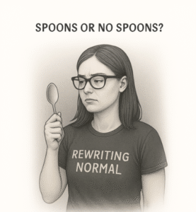 A woman in glasses and a "Rewriting Normal" T-shirt looks puzzled while holding a spoon, reflecting confusion about the Spoon Theory as it relates to ADHD.