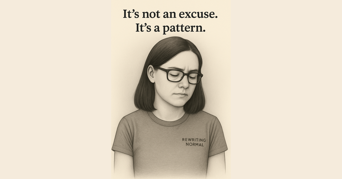 Black-and-white pencil sketch of a woman with shoulder-length hair and glasses wearing a "Rewriting Normal" T-shirt. She looks down with a tense, thoughtful expression. Text above her reads: “It’s not an excuse. It’s a pattern.”