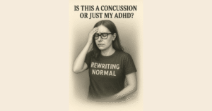 A grayscale sketch of a woman with glasses and shoulder-length hair holding her forehead with one hand, looking pained and foggy. She wears a “Rewriting Normal” T-shirt. Behind her are a desk corner and a printer, referencing a recent head injury.