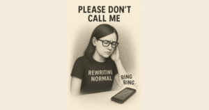 Black-and-white sketch of a woman wearing a “Rewriting Normal” T-shirt, holding one hand to her head in frustration as a smartphone rings on the table. Bold text above her reads “PLEASE DON’T CALL ME.” The style matches other Rewriting Normal blog images.