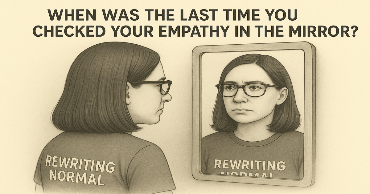 Pencil-style digital illustration of a light-skinned woman with shoulder-length hair, softly gazing at her reflection in a mirror. Monochrome sketch style with subtle emotion and calm, introspective tone. Featured image for the blog post “Empathy in the Mirror – When Performance Isn’t Fake, Just in Progress” on Rewriting Normal.