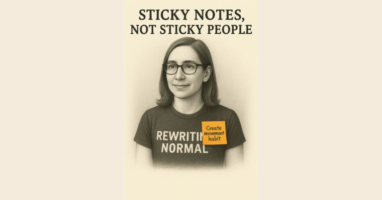 Pencil-style sketch of a woman with glasses and shoulder-length hair, wearing a T-shirt that says “Rewriting Normal,” standing calmly with an orange sticky note reading “Create movement habit” on her chest, centered on a light beige background.