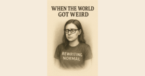 Sepia pencil-style sketch of a woman with glasses and shoulder-length hair, eyes closed in reflection, wearing a “Rewriting Normal” T-shirt under the heading “When the World Got Weird.”