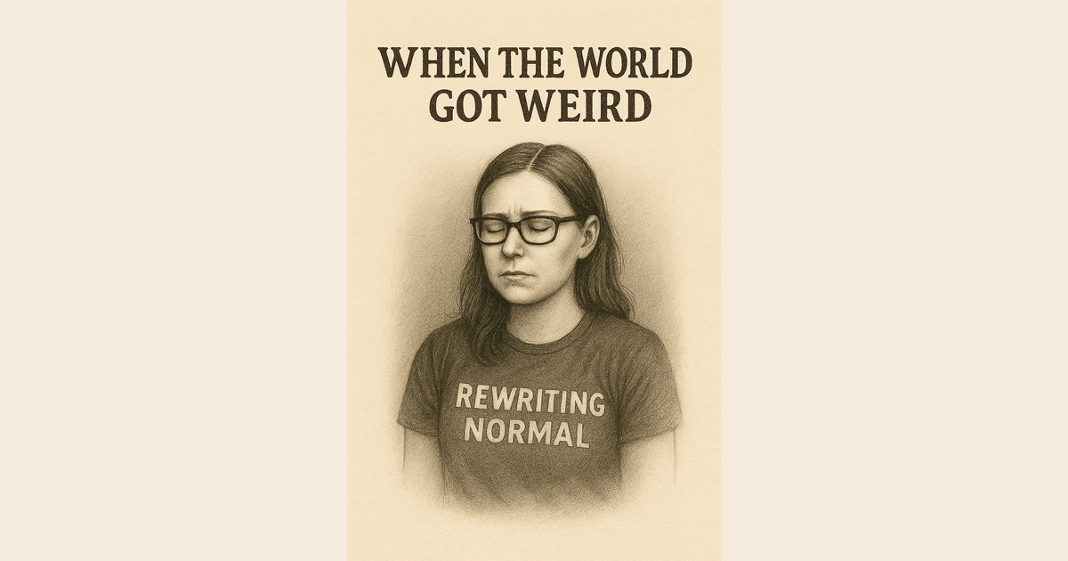 Sepia pencil-style sketch of a woman with glasses and shoulder-length hair, eyes closed in reflection, wearing a “Rewriting Normal” T-shirt under the heading “When the World Got Weird.”