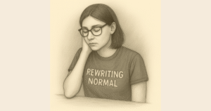 Black-and-white pencil sketch of a tired woman turning away with eyes downcast — represents emotional fatigue and ADHD burnout.